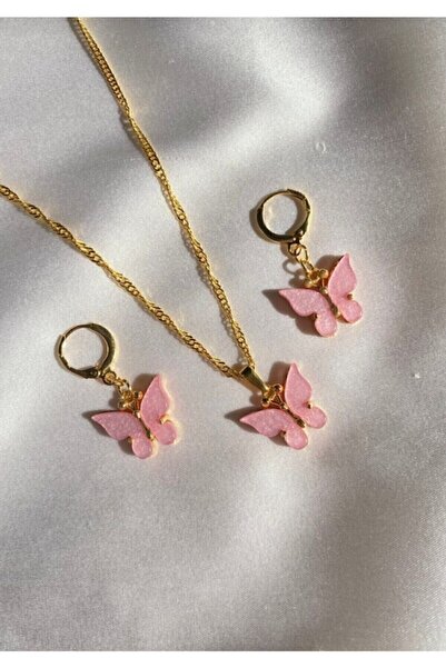 Asia Chic Pembe Kelebek Kolye Küpe Seti