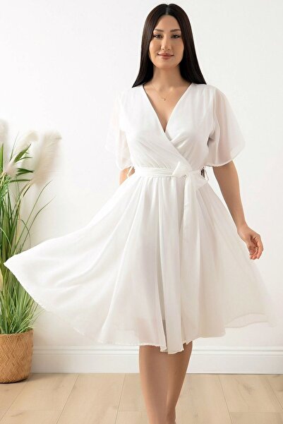 Ottawe Kruvaze V Yakalı Beli Kuşaklı Belden Lastikli Kısa Volanlı Kol Astarlı...