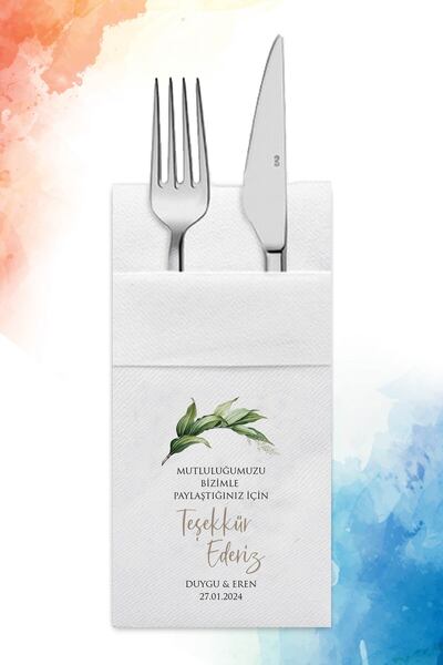 nna tasarım 50 Adet Kişiye Özel Isim Baskılı Aırlaıd Kumaş Dokulu Cepli Peçete (A74-50)