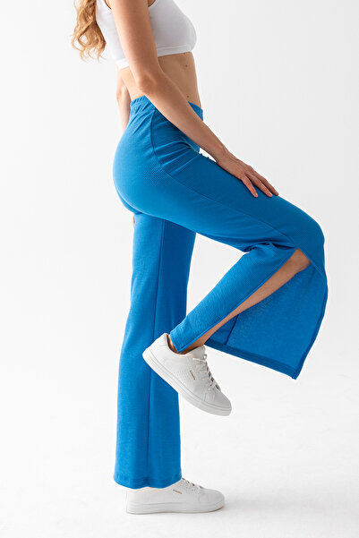 CNRCollection Kadın Mavi Lastikli Yüksek Bel Yumuşak Kumaş Bol Paça Salaş Rahat Kesim Yırtmaçlı Pantolon