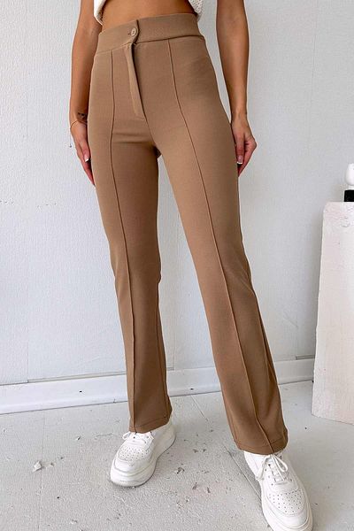 Mine Tan Butik High Waist Lycra Palazzo Women's Trousers - Tan