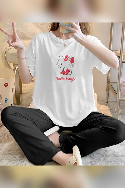 Mythologie Set pijamale de damă din bumbac - imprimeu Kitty, alb negru, picior lat, tricou cu gât crew