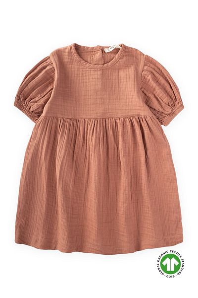 Cigit Hellbraunes Kleid aus Bio-Musselin mit Ballonärmeln, Alter 2–10