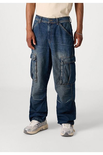 september island Fixed Waist Vintage Navy Blue Cargo Jeans