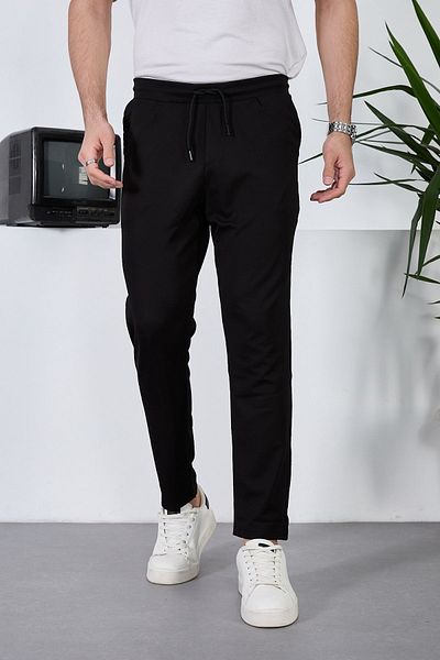 JR Boutique Men's Lycra Jogger Pants Ankle Length Elastic Waist - Black