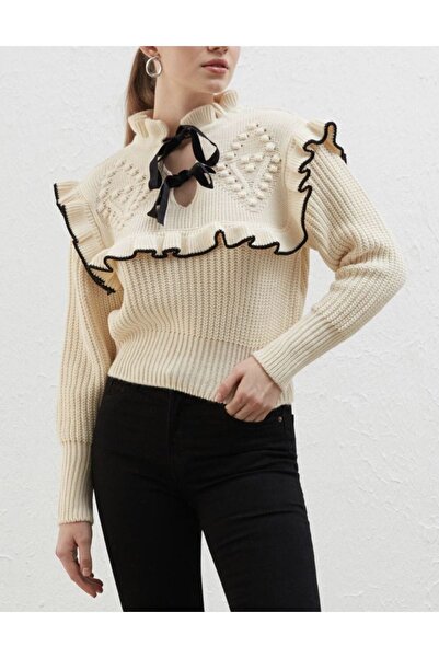 AYLİNA Pulover din tricot Selenic cu volane crem pentru femei