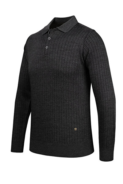 Çizgi Triko Ανδρικό πλεκτό πουλόβερ με ριγέ γιακά πόλο - Διακοσμημένα μπράτσα και ελαστική μέση, ατσάλινο πλεκτό κλασικό σχέδιο - 5004F