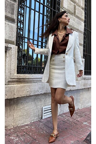 dükkan10butika Дамски комплект от сако и пола от туид, бял