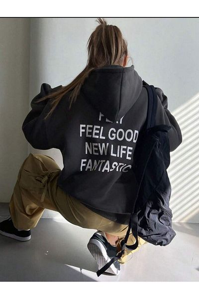 AFROGİYİM Unisex Play Feel Good Printed Oversize Three Rope Hoodie