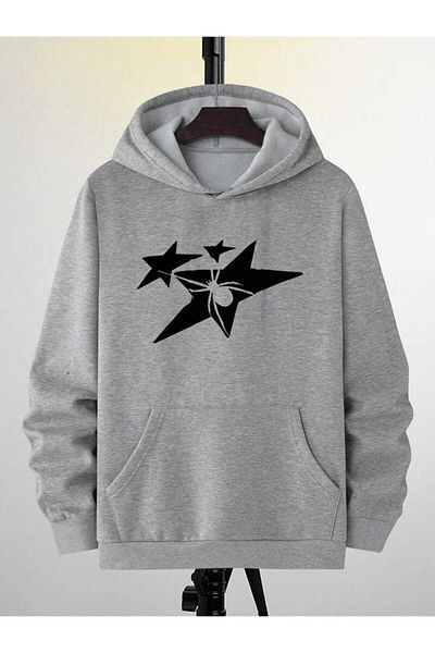 AFROGİYİM Unisex Spider Star Printed Oversize Hooded Hoodie