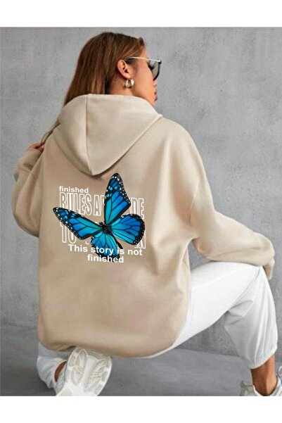 AFROGİYİM سويت شيرت بقلنسوة كبير الحجم للنساء من الأمام والخلف باللون الأزرق مطبوع عليه فراشة