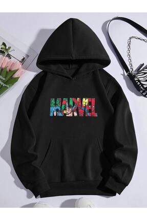AFROG Y M Kad n Renkli Marvel Bask l Siyah Oversize Kapu onlu Sweatshirt