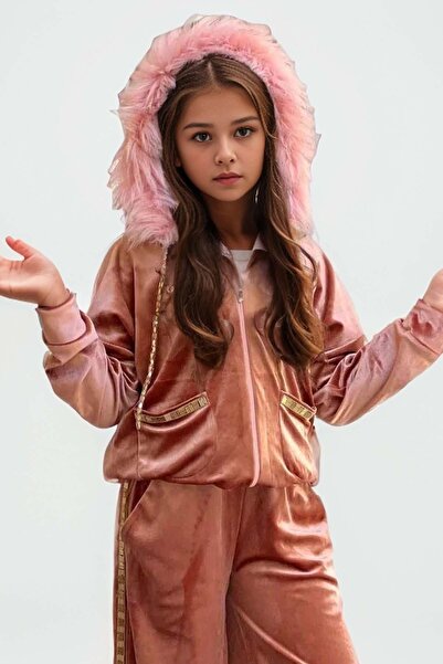 Riccotarz Girl - Gold Thread and Stripe Detailed Fur Hooded Dried Rose Tracksuit Set
