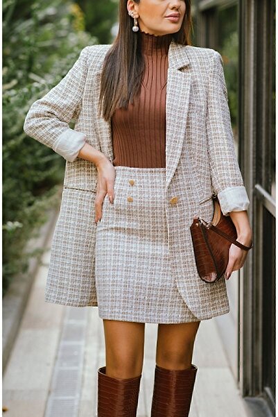 dükkan10butika Kadın Tüvit Kumaş Ceket Ve Etek Takımı Vizon