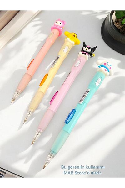 MAB Set of 4 Colorful Illuminated Pens - 0.7 mm Tip and Cute, Kuromi Figure Side Press Okua Return Gift