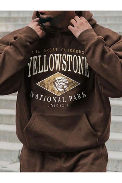 AFROGİYİM Unisex Yellow Stone National Printed Oversize Hoodie