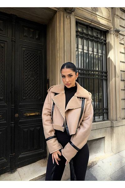 OlaLady Γυναικείο Crop Biker Jacket - Faux Suede, Faux Fur Inside