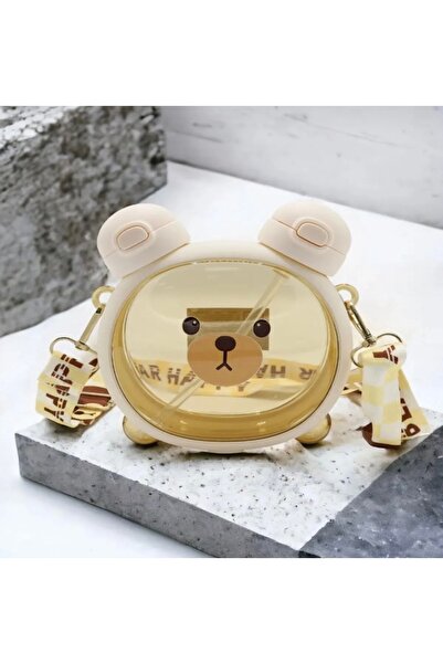 FASTSELLER Cute Teddy Bear Water Bottle, Double Lid, Children's Water Bottle with Straw Neck Hanging Water Bottle for School