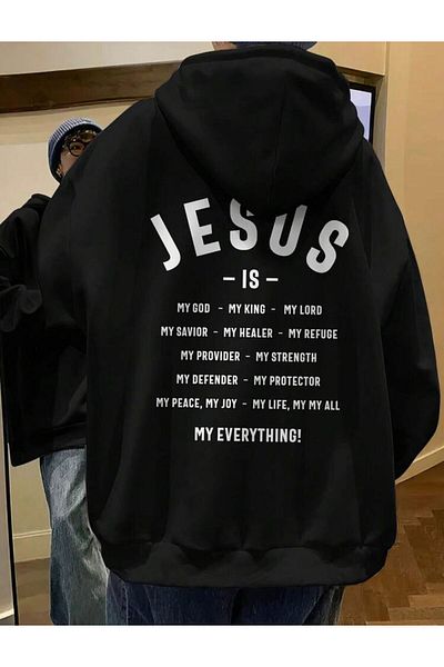 AFROGİYİM Унисекс суичър с качулка с принт и качулка Jesus Is My Everythink