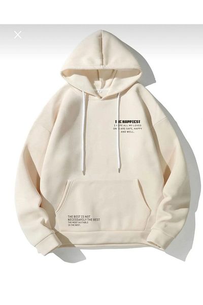 AFROGİYİM Φούτερ με κουκούλα Unisex Μπεζ Happiest με στάμπα μεγάλου μεγέθους