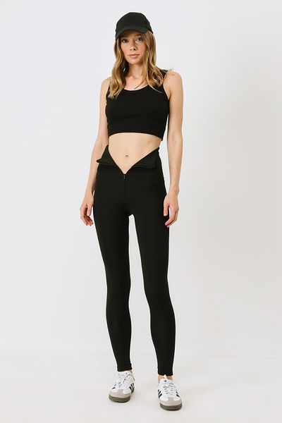C&City Hohe Taille, lange schwarze Sport-Leggings mit Reißverschluss 9415