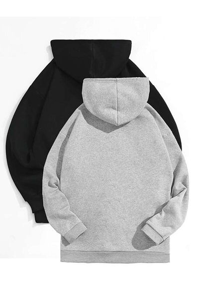 AFROGİYİM Unisex Μαύρο και Γκρι 2 τεμαχίων Απλό Oversize Hooded Hoodie