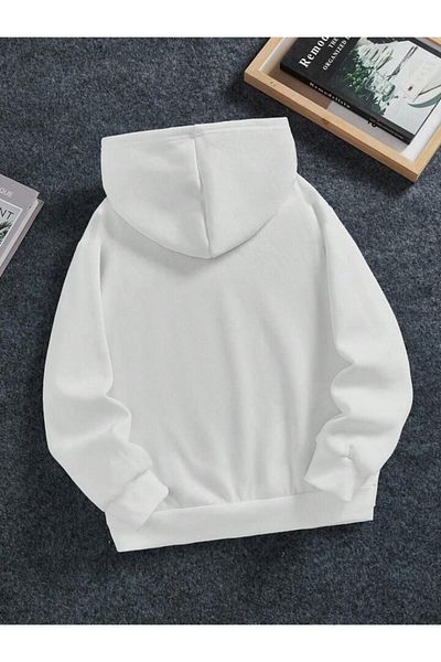 AFROGİYİM Γυναικεία λευκή μπλούζα Enjoy The Wild Printed Fleece Hooded Oversize φούτερ