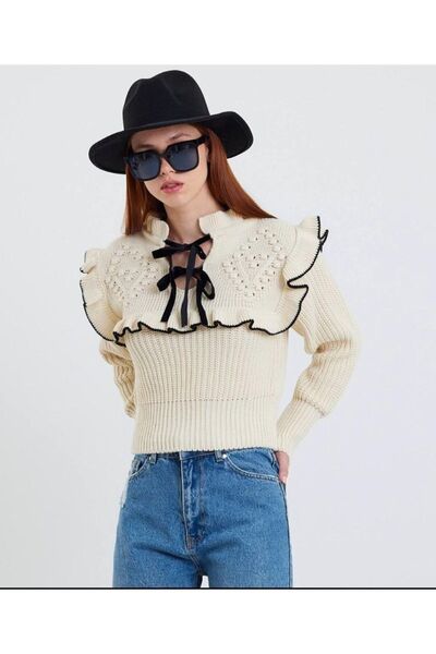 Elbisen Burada Ribbon Detailed Ruffled Cream Knitwear