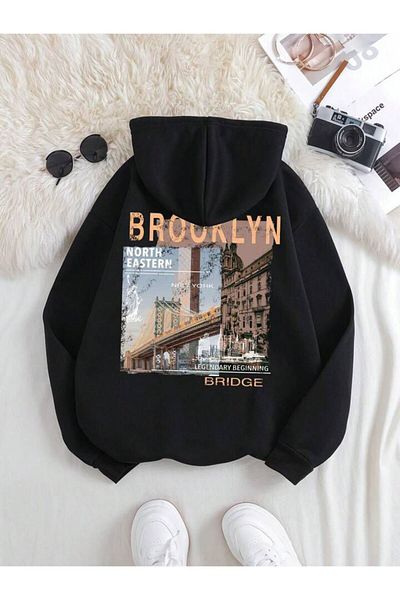 AFROGİYİM Brooklyn Bridge Унисекс суичър с голяма качулка - щампа на гърба