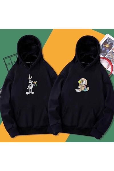 AFROGİYİM Unisex 2 Pack Black Bugss Bunny με στάμπα μεγάλου μεγέθους κουκούλα