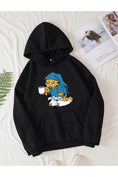 AFROGİYİM Kadın Oversize Kapşonlu Garfield Baskılı Sweatshirt Hoodie