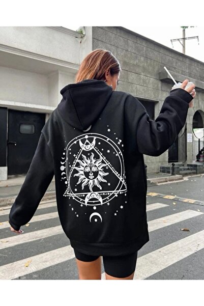 AFROGİYİM Ženska crna trougao sunce štampana dukserica