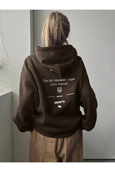 AFROGİYİM Women's You Are Love Yourself Unique Printed Oversize Hooded Hoodie