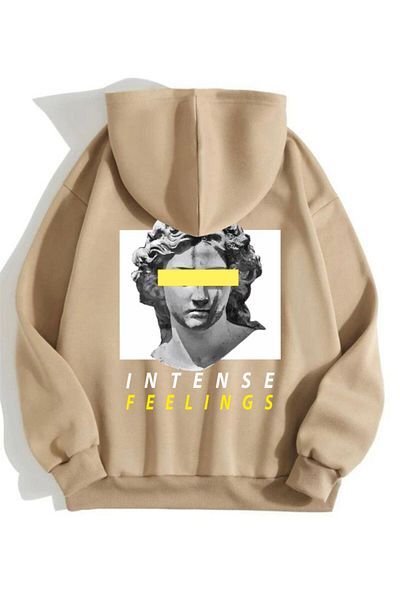 AFROGİYİM Unisex Έντονα Αισθήματα Κίτρινη Πλάτη Εκτύπωση Oversize Hoodie Hoodie