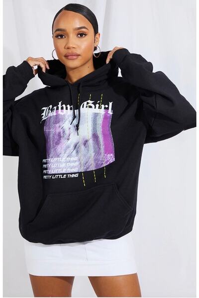 AFROGİYİM Ženska crna majica sa kapuljačom za malu devojčicu sa printom