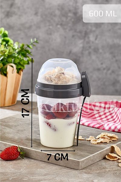 KaktüsKedi Snack Cup with Spoon and Fork - Food Carrying and Storage Container Anthracite