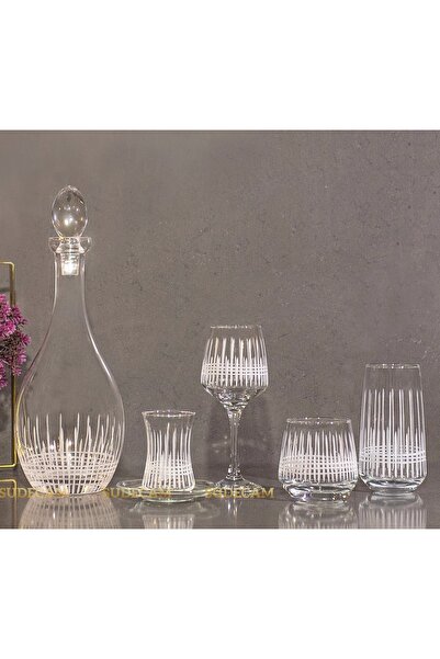 sudeka 61 Parça 12 Kişilik Üççember El Dekor Kesme Cam Su Bardak Takımı,Meşru...