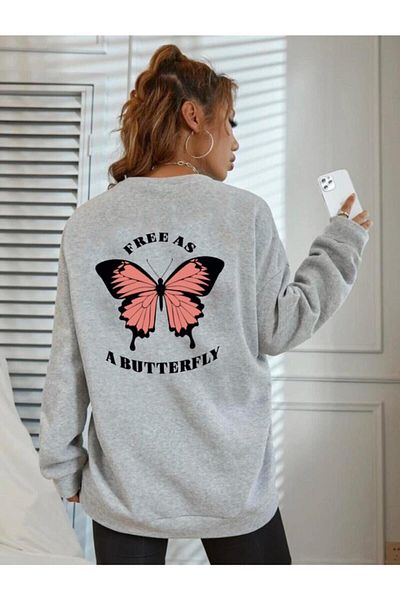 AFROGİYİM Hanorac de damă gri oversize cu imprimeu fluture gratuit