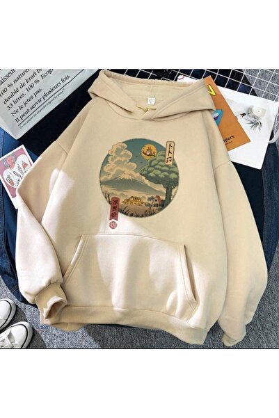 AFROGİYİM Unisex μπεζ κουκούλα Totoro με στάμπα