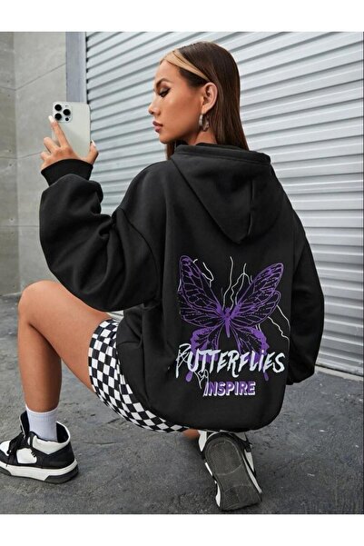 AFROGİYİM هودي نسائي أسود كبير الحجم مطبوع من الخلف