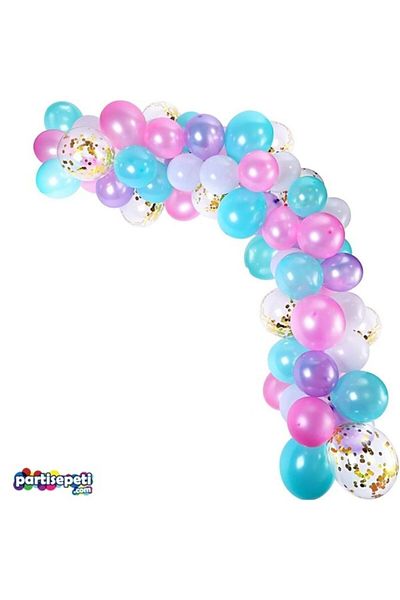 eğlencemarketi Chain Balloon Set Pink - Blue - Purple / 130 Balloons with Confetti