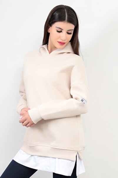 GİYSA سويت شيرت بيج كبير الحجم بغطاء للرأس - تي شيرت بطبقات وقلنسوة مضلع - 2520