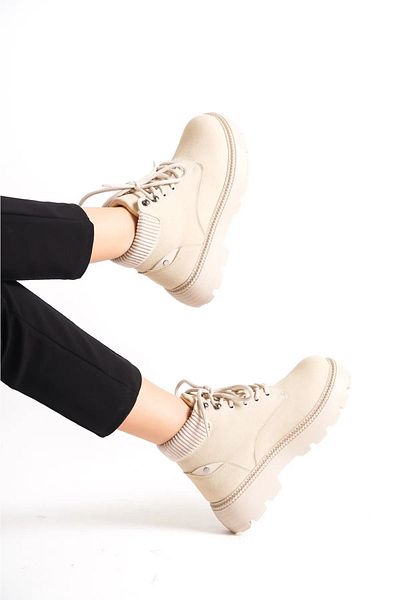 goldenfoot Γυναικείες μπότες με ψηλή σόλα Cream Suede Lace Up