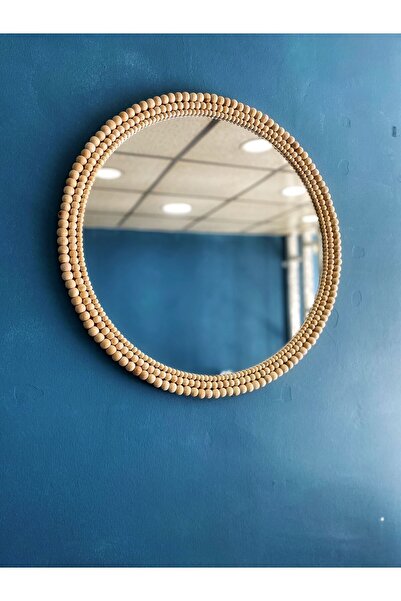 Boncukafası Ahşap Boncuklu Ayna 60 Cm , Yuvarlak Ayna, Antre Ayna, Konsol Ayna