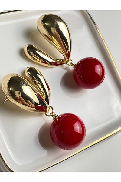 Poison Accessories Zara's Model - Red Drop Detailed and Gold Steel Brand Earrings