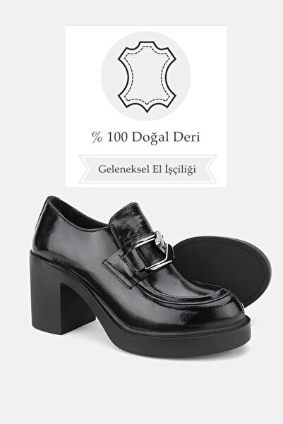 TUNAELLİ KADIN SİYAH RUGAN HAKİKİ DERİ 36-41 NUMARA YÜKSEK TOPUKLU TOKALI LOAFER AYAKKABI