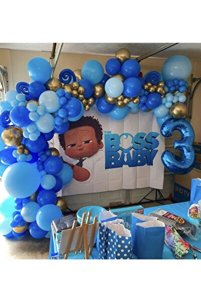 PEKSHOP Krom Gold Ve Mavi Tonları Patron Bebek Balon Zinciri Konsept 100 Adet