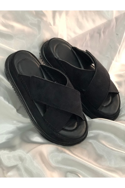 Hg Ayakkabı Rona Black Suede 4 cm Platform - Bodrum Slippers with Velcro