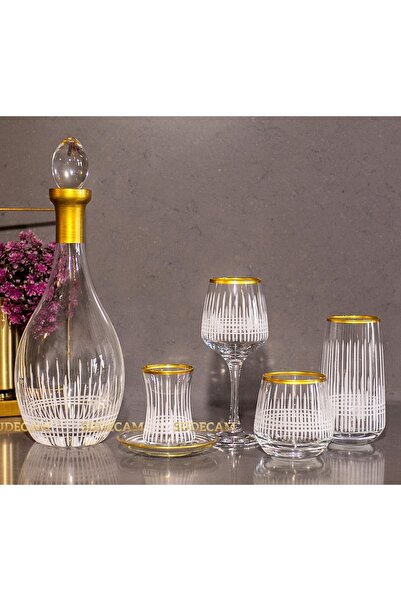 sudeka 61 Parça 12 Kişilik Üççember Gold El Dekor Kesme Cam Su Bardak Takımı,...
