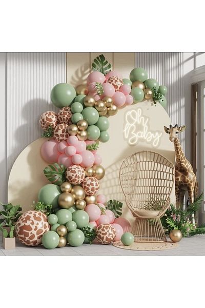 eğlencemarketi Mold Green Pink Safari Concept Balloon Chain 100 Pieces